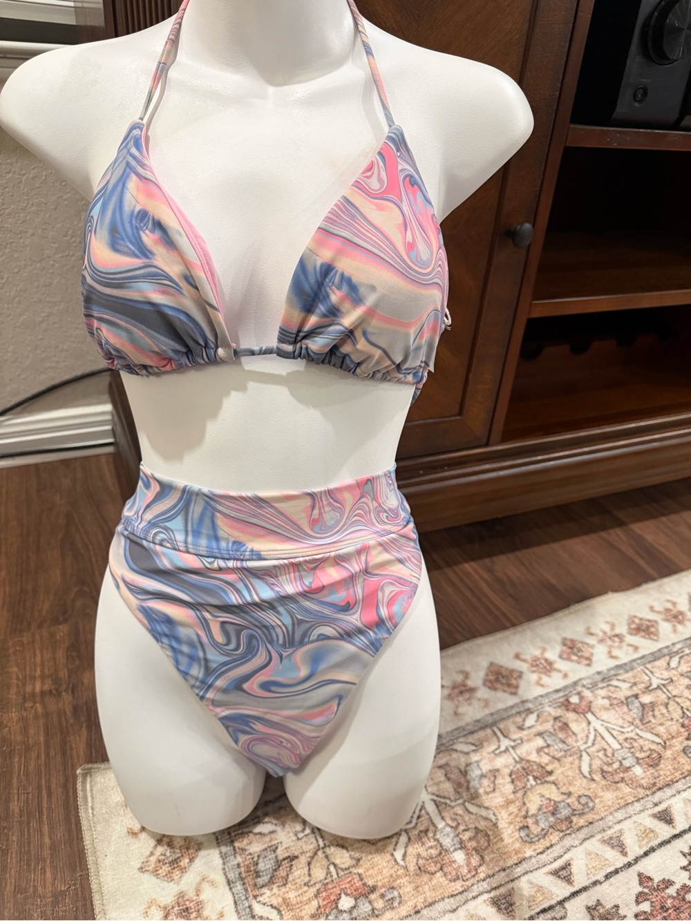 Forever 21 Marble Swirl Bandeau Bikini Set - Pink, Blue & Cream